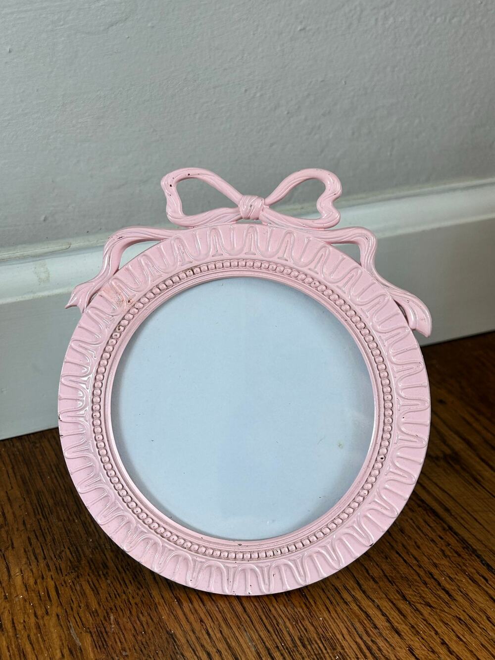 Pink Bow Round Metal Picture Frame, Coquette Ribbon Tabletop Frame